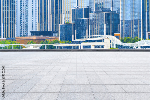 Photography financial district buildings of shanghai and empty floor in sunny day