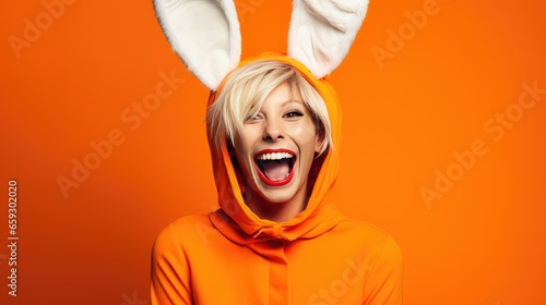 Happy Laughing Young Woman iWearing Bunny Costume for Halloween and/or Easter on an Orange Background with Space for Copy- generative AI, fiction Person