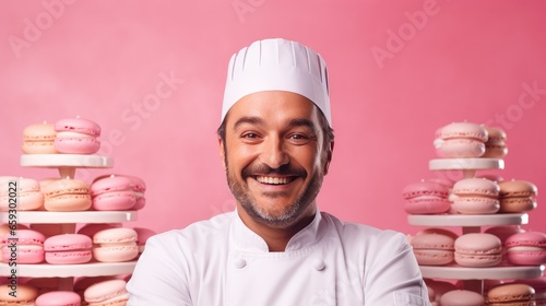Engrossing capture of a smiling chef indicating space for culinary promotions on a pastel pink background- generative AI, fiction Person