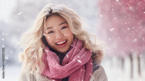 Happy Young Asian Woman with Blonde Hair in a Pink Scarf in the Snow with Space for Copy- generative AI, fiction Person