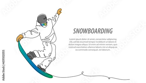 Snowboarder vector background, banner, poster. Snowboard tricks, freestyle, freeride. One continuous line art drawing illustration of snowboard tricks, winter sport