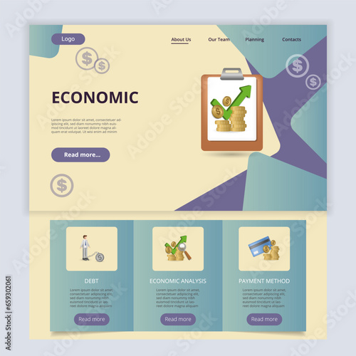 Economic flat landing page website template. Debt, economic analysis, payment method. Web banner with header, content and footer. Vector illustration.