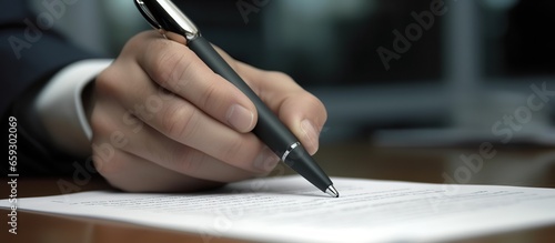 Close-up of female hand signing a contract with black pen.