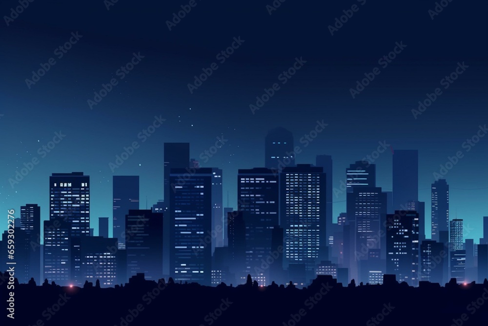 Night city skyline with illuminated buildings and a clear sky, representing smart and sustainable urbanization. Generative AI