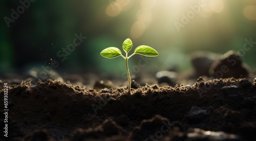 Young green tree plant sprout growing up from the black soil. Growth new life concept.