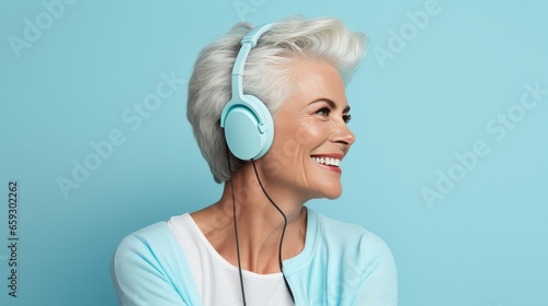 Mature Woman Lady wearing Headphones and Listening to Music on a Light Blue Background with Space for Copy- generative AI, fiction Person