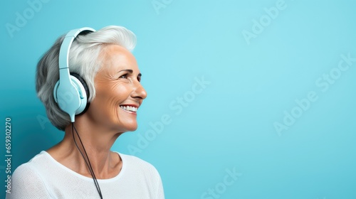 Mature Woman Lady wearing Headphones and Listening to Music on a Light Blue Background with Space for Copy- generative AI, fiction Person