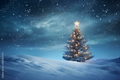 Festive tree on snowy mound, capturing holiday ambiance. Ample space for customization. Generative AI © Natalya