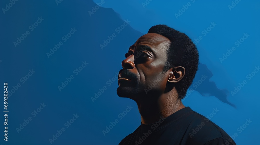 Portrait of a Mature Black Man Looking Left on a Blue Background- generative AI, fiction Person Portrait of a Mature Black Man Looking Left on a Blue Background- generative AI, fiction Person