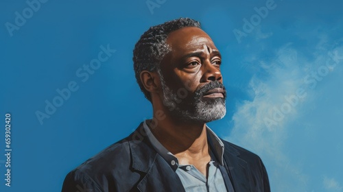 Portrait of a Mature Black Man Looking Left on a Blue Background- generative AI, fiction Person