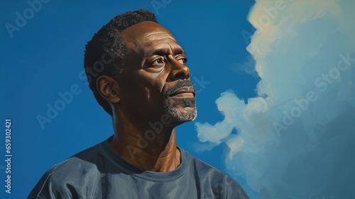 Portrait of a Mature Black Man Looking Left on a Blue Background- generative AI, fiction Person