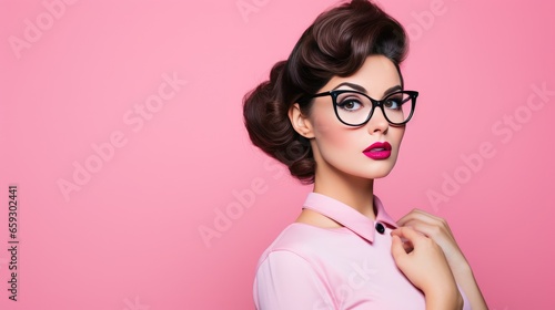 Portrait of a Woman Dressed as a 1950s Movie Star for Halloween on a Pink Background with Space for Copy- generative AI, fiction Person