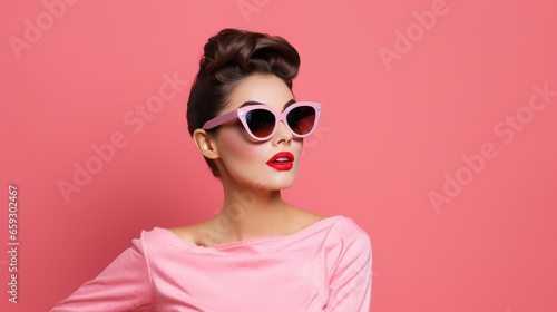 Portrait of a Woman Dressed as a 1950s Movie Star for Halloween on a Pink Background with Space for Copy- generative AI, fiction Person © Nadine