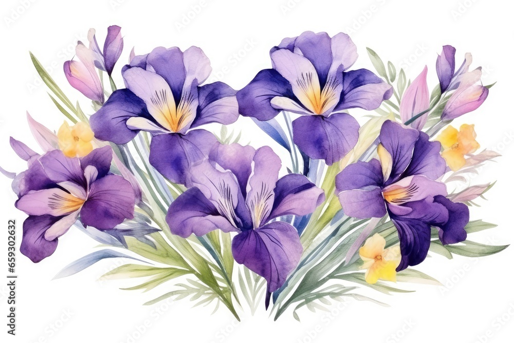 Watercolor purple iris flowers with green leaves on a white background