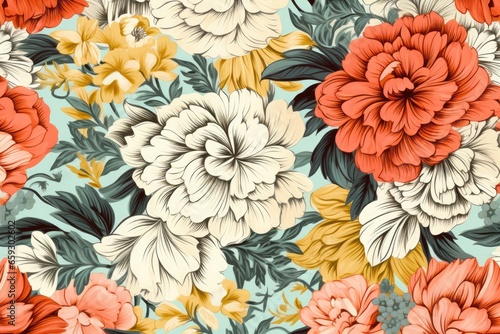 Seamless pattern florals. Retro style linedrawn.