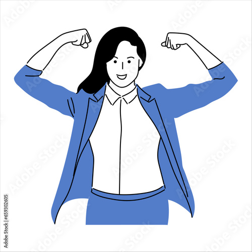 Business woman showing her muscles and confidence. Vector illustration in a linear style.
