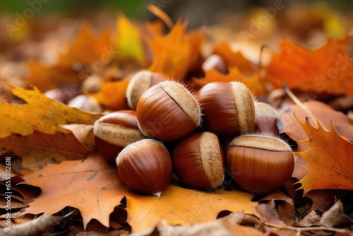 Brown chestnuts laying on a layer of dry brown fallen leaves.