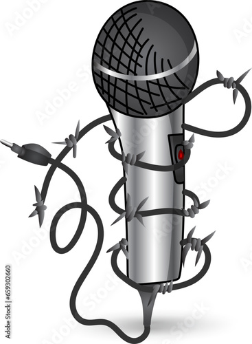 A poster depicting freedom of speech. Illustration of a microphone with a barbed wire sound port cable. Music-themed cartoon designs for t-shirts