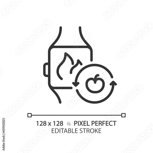 2D pixel perfect editable black smartwatch with fruit icon, isolated monochromatic vector, thin line illustration representing metabolic health.