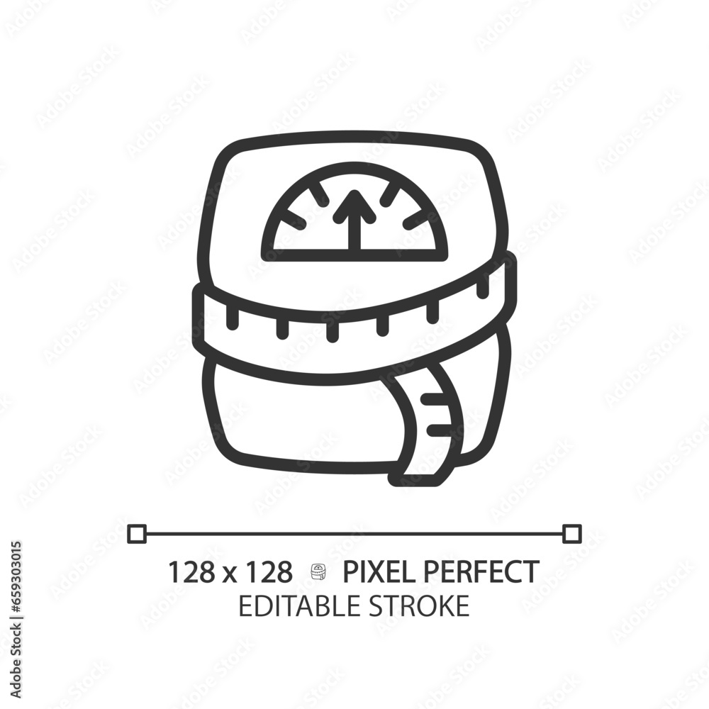 Fototapeta premium 2D pixel perfect editable black weight scale with tape measure icon, isolated monochromatic vector, thin line illustration representing metabolic health.