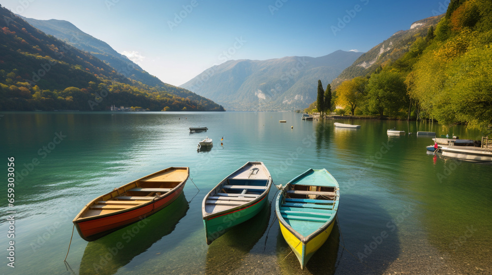 a lake with boats on it near mountains Italian landscape