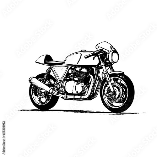 Retro motorcycle, black and white detailed vector illustration isolated without backdrop, chopper., cafeIcon of a stylish vintage motorbike with details for decoration and design without a background	