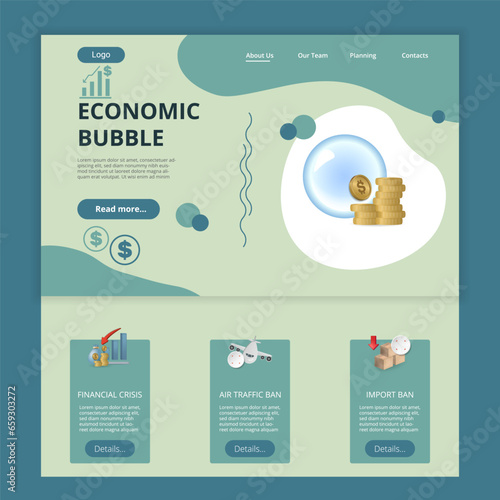 Economic bubble flat landing page website template. Financial crisis, air traffic ban, import ban. Web banner with header, content and footer. Vector illustration.