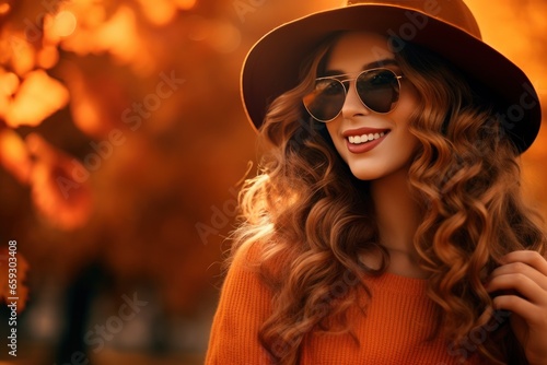 Woman with hat and sunglasses in autumn park. Autumn fashion for young people