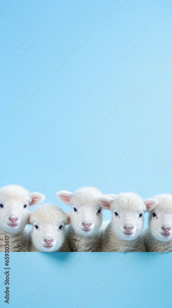 cute baby sheeps on a light blue background with space for text on the left side, vertical format, background image, AI generated cute baby sheeps on a light blue background with space for text on the left side, vertical format, background image, AI generated