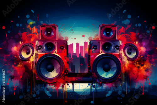 Energetic music vibes: Abstract background with dynamic speakers, pulsating rhythm, and vibrant sound waves.