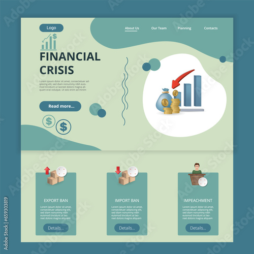 Financial crisis flat landing page website template. Export ban, import ban, impeachment. Web banner with header, content and footer. Vector illustration.
