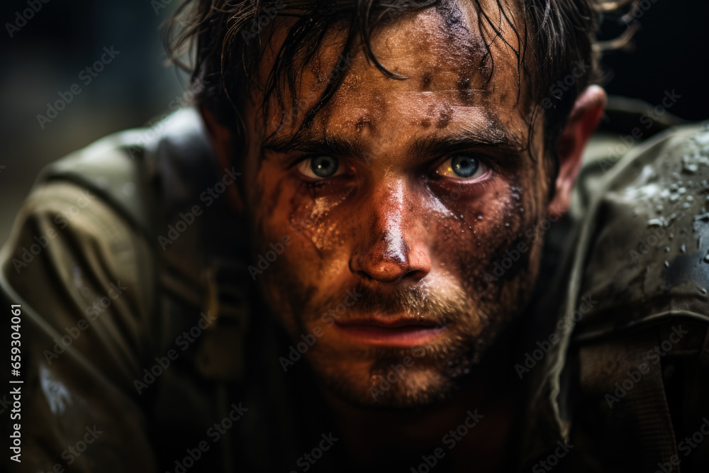 Anxiety and fear reflected on a soldier's face during a conflict operation in Israel Anxiety and fear reflected on a soldier's face during a conflict operation in Israel