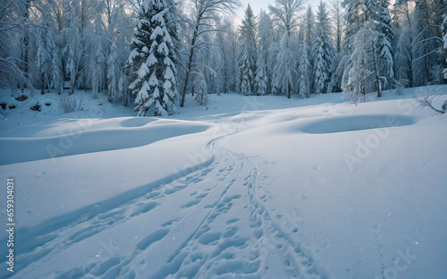 Snowy Trees with Footprints in the Snow © PixobaPICS