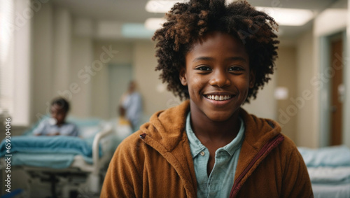 Bellissimo bambino sorridente di origini africane in un ospedale nel reparto di pediatria photo