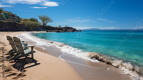 Generate a photo of a bright, clear, shallow beach. The center of the image displays clear seawater with a gradation of blue and turquoise, with the blue ocean in the distance behind it. Generative AI