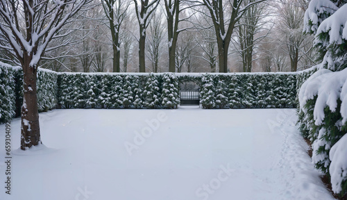 A park in the snow with a hedge and a gate