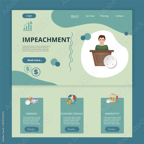 Impeachment flat landing page website template. Embargo, economic default, bankruptcy. Web banner with header, content and footer. Vector illustration.