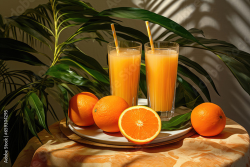 Oranges and juice in a glass with a straw on the table against a background of tropical plants