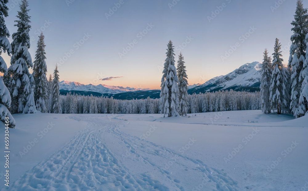 Sunset over Snowy Field and Forest 