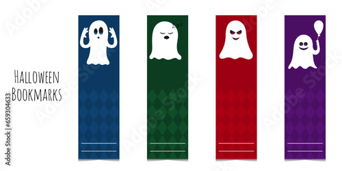 Set of Halloween bookmarks with ghosts. Colored rectangular bookmarks with place for the text. Templates for printing. Isolated on a white background. Children's bookmarks.