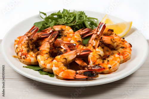 Plump, succulent grilled shrimps artfully plated on white porcelain. A delectable seafood delight. © Rathnayakamudalige