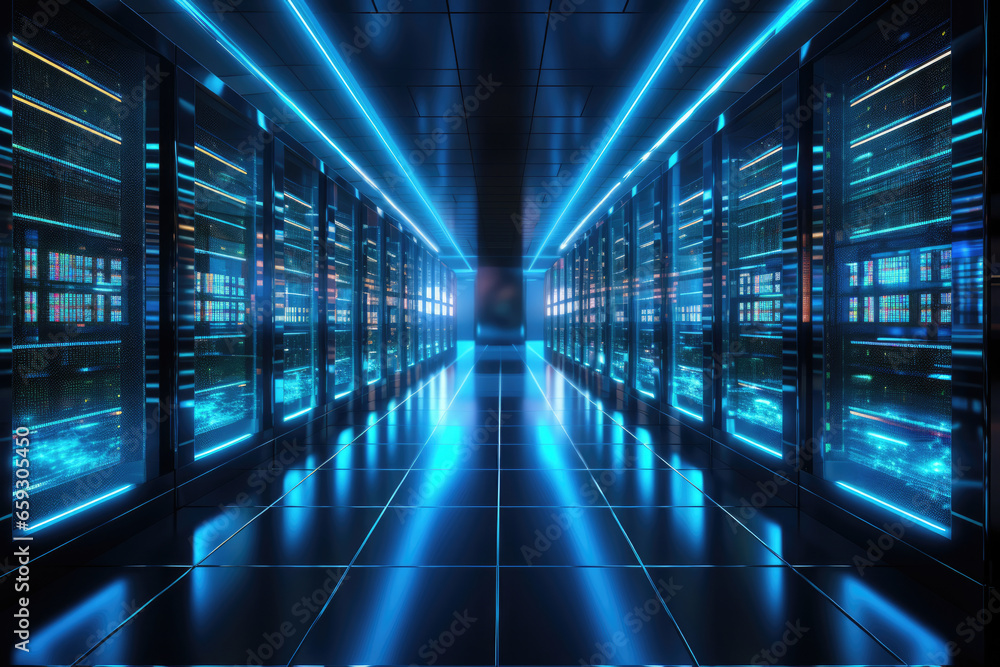 Data center with servers and supercomputers Data center with servers and supercomputers