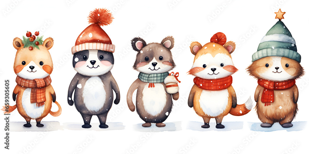 Fototapeta premium Watercolor set of cute animals in winter cloth isolated on white background