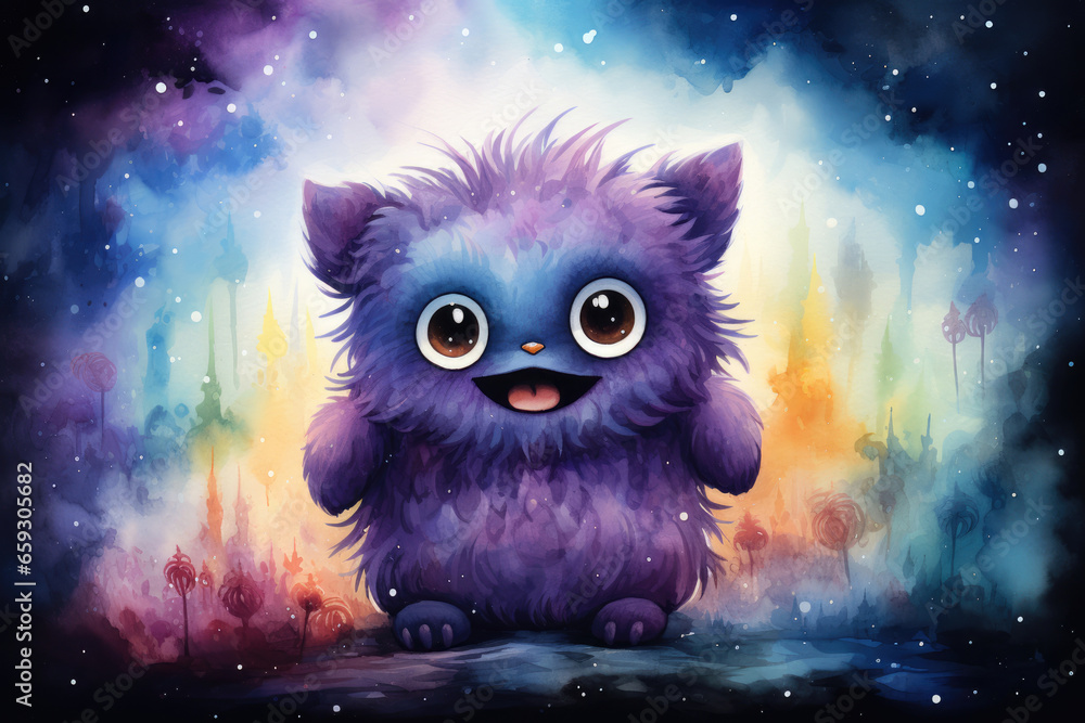 Cute shaggy monster in watercolor drawing style