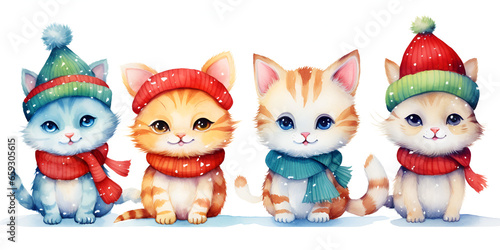 Watercolor illustration of cute cat with red Christmas hat on white background © TatjanaMeininger
