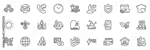 Icons pack as Photo camera, Online auction and Quickstart guide line icons for app include Social responsibility, Augmented reality, Share call outline thin icon web set. Globe. Vector