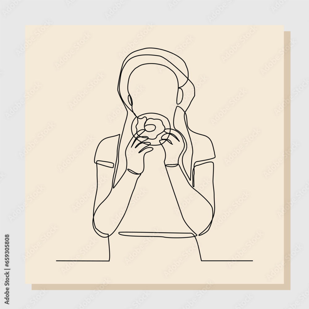 Continuous single one line drawing of woman hold and eat sweet donut in closeup portrait. Vector illustration Continuous single one line drawing of woman hold and eat sweet donut in closeup portrait. Vector illustration