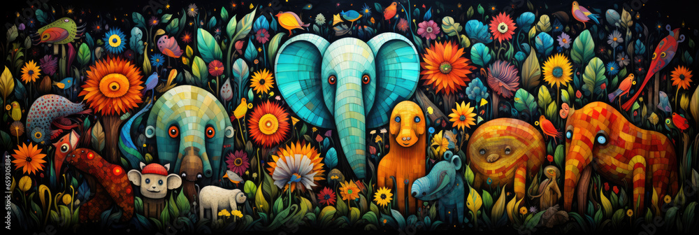 Fototapeta premium Mythical fantasy animals and flowers in drawing style, imagination creativity concept. Horizontal banner