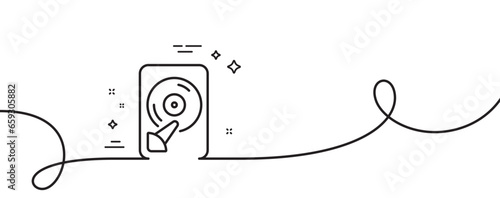 Hdd line icon. Continuous one line with curl. Computer memory component sign. Data storage symbol. Hdd single outline ribbon. Loop curve pattern. Vector