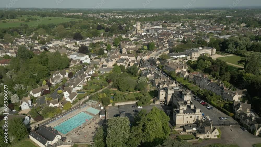 Cirencester Park Open Air Swimming Pool Town Church Aerial Landscape Cotswolds UK Spring Cirencester Park Open Air Swimming Pool Town Church Aerial Landscape Cotswolds UK Spring